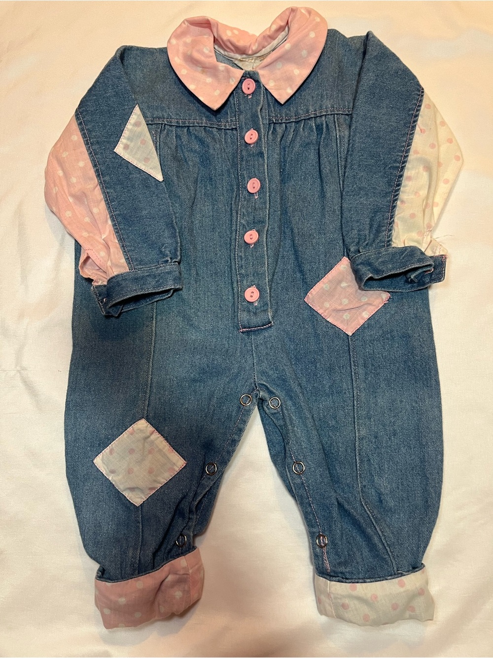 Vintage 12M Denim Broadway Kids Coverall Jean Jumpsuit Patchwork Pink